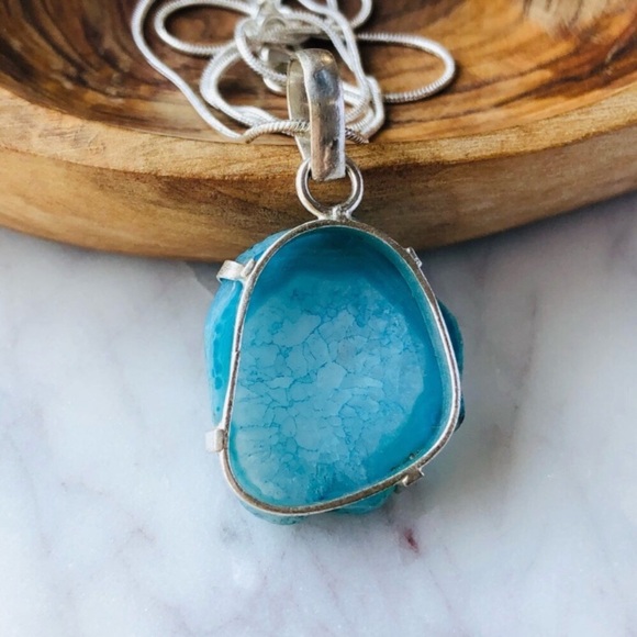 Silver Plated Blue Agate Slice Statement Boho Necklace - Picture 7 of 10